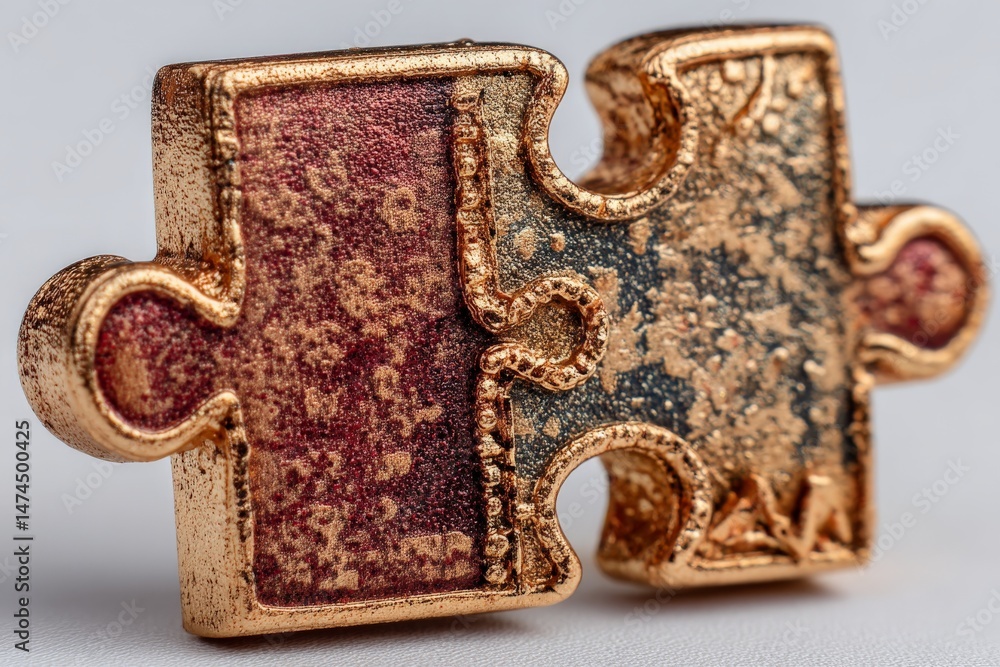 Poster Unique metallic puzzle piece sits on a neutral surface showcasing intricate designs and a weathered appearance