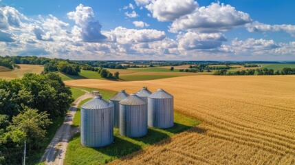 Obraz premium Grain silos with a panoramic farm background of golden fields