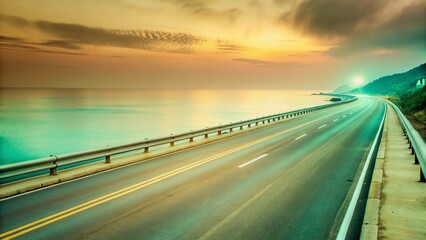 Obraz premium Ethereal Coastal Highway at Twilight, Long Exposure, Mysterious Atmosphere, Summer Vacation