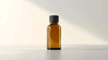 Fototapeta premium Minimalist Amber Glass Bottle: A sleek, amber glass bottle stands in soft, diffused light, the focus on its clean lines and the subtle interplay of light and shadow. 
