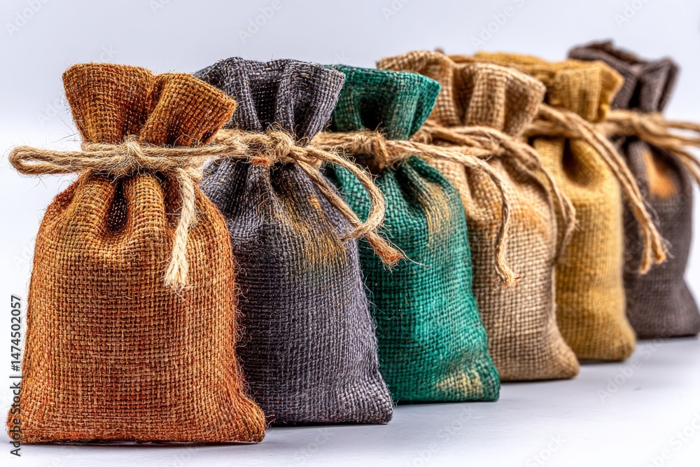 Aufkleber Colorful burlap bags arranged in a row showcasing texture and craftsmanship