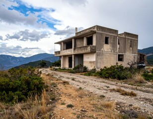 Fototapeta premium Abandoned Concrete Structure Amidst Nature and Mountains in Greece