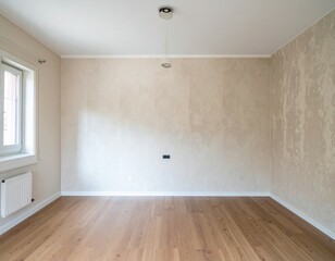 Empty room with wooden floor and neutral wall design in natural light