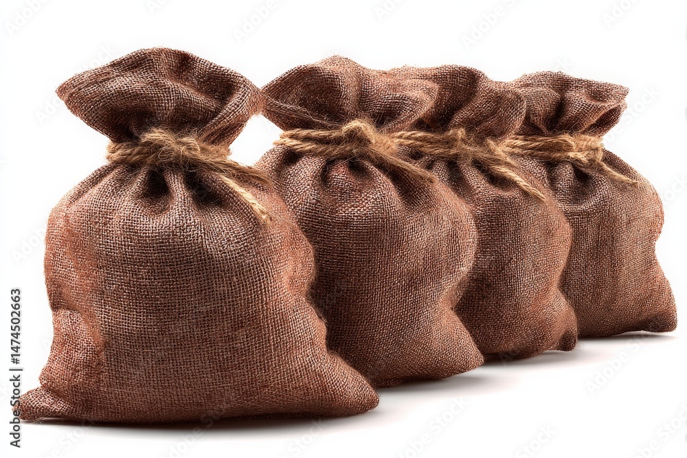 Poster collection of burlap sacks tied with twine arranged in a line on a white background