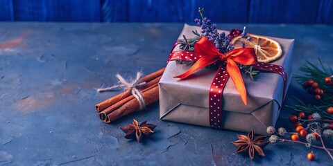 Festive Gift Wrapped in Red Ribbon with Flowers & Spices - Holiday Present