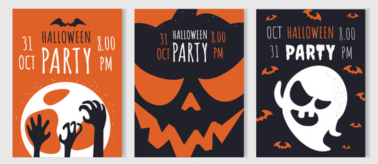 Set of 3 Halloween invitation cards ghost, pumpkin, zombie hands, bats and moon. Bright style, large typography. Suitable for posters, posts and greetings