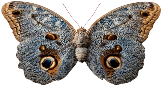 Butterfly's Celestial Wings: A close-up shot unveils the captivating beauty of a butterfly, its wings adorned with intricate patterns of blues and browns, a symbol of transformation and elegance.