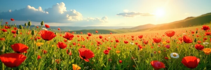Sunlit poppy and wildflower meadow, abundant blooms, petals, green, colorful