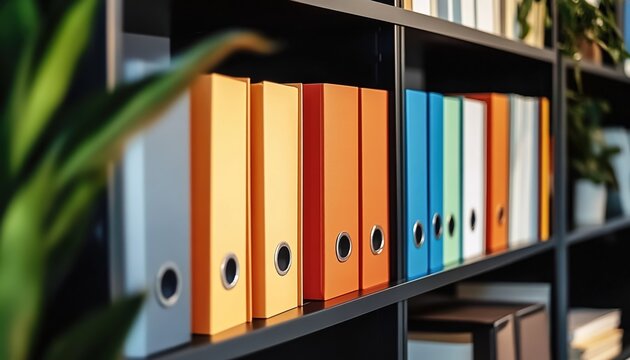 Colorful file folders on black shelves with plants and wooden desk in office.