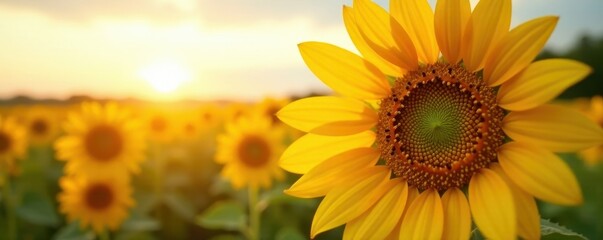 Obraz premium Sunlit sunflower close-up, brown disc, vibrant yellow petals; field background , brown, happiness