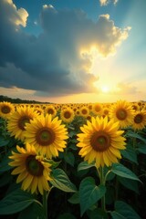 Fototapeta premium Sunlit sunflower field under dramatic cloudscape, horizon, photo