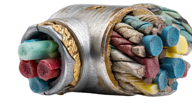 Cable Anatomy: A close-up examination of a cross-section reveals a complex internal structure, showcasing the intricate network of wires and materials that make up the technology.