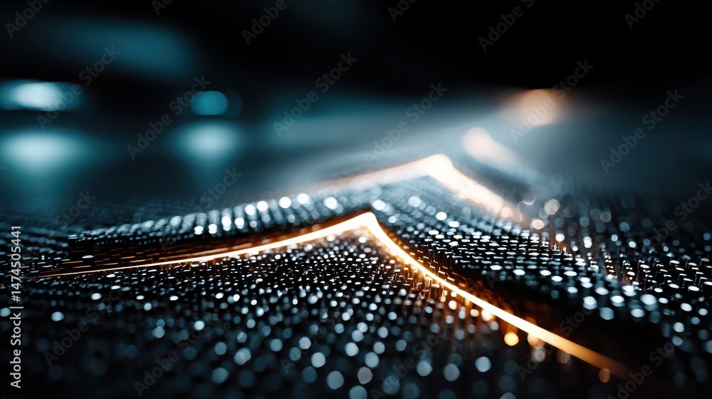 Poster abstract blue arrow glowing with lighting and line grid on blue background technology hi tech concept