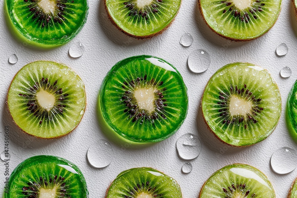 Poster Fresh kiwi slices arranged with droplets on a smooth white surface showcasing bright green colors and textures in a vibrant layout