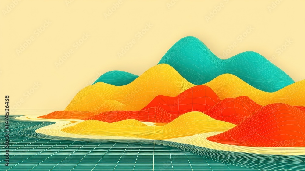 Poster vibrant abstract landscape with colorful waves and curved forms on soft yellow background
