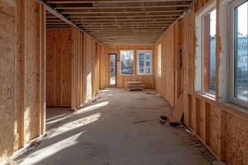 Interior View of Unfinished Room with Wooden Frame and Windows