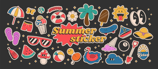Cartoon groovy summer stickers 70s. Retro doodle character set graphic, beach toys, and vacation vibes. Isolated on black background.