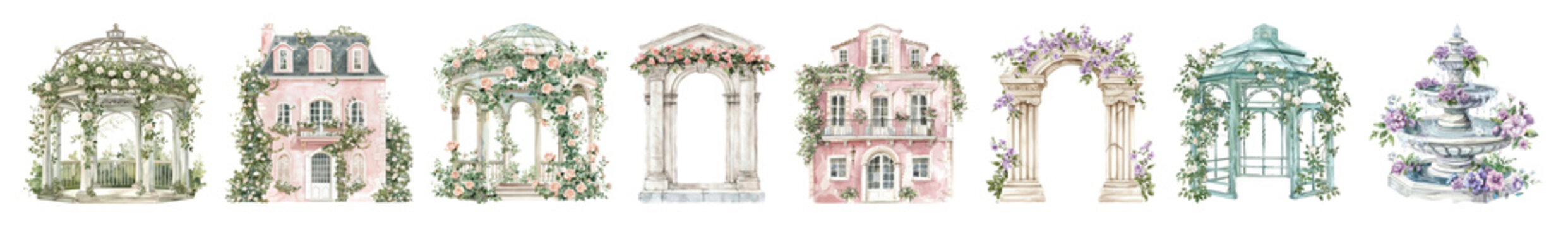 PNG Charming floral architectural illustrations, element set on transparent background