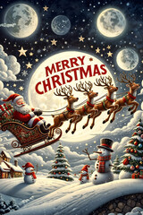 Santa and snowman postcards in the magical time of Christmas, gift boxes and joy.