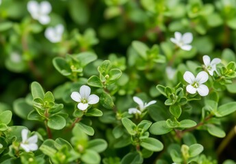 Naklejka premium Close Up of Small White Flowers and Lush Green Leaves