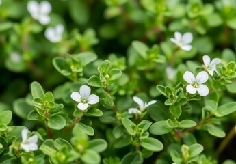 Naklejka premium Close up Of Tiny White Flowers And Lush Green Leaves