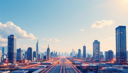 Fototapeta premium Expansive Urban Skyline with Sunset Over Highway and Skyscrapers