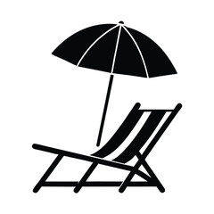Minimalist chair and parasol illustration suggests relaxation and leisure, showcasing beach vacation themes