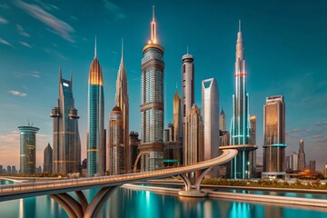 Naklejka premium Futuristic City Skyline: Advanced Construction & Urban Development