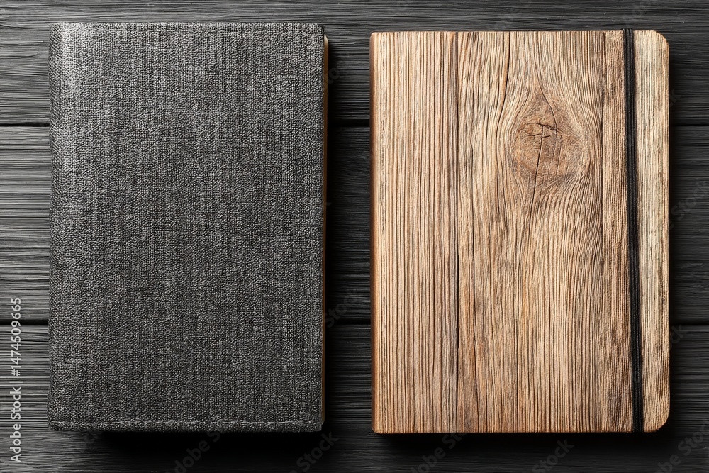 Poster different notebook designs showcasing textures and materials on a wooden surface during natural ligh