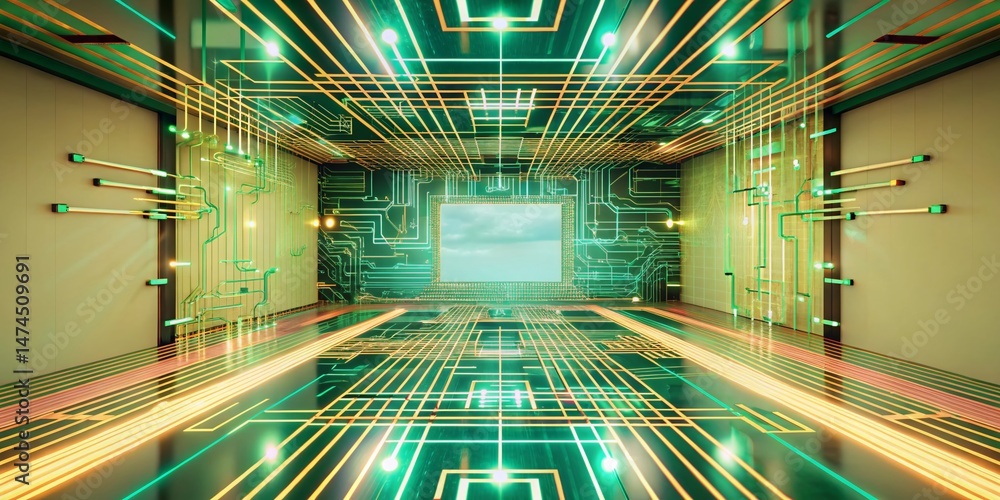 Poster futuristic digital art: abstract tech background with data visualization in cyberspace