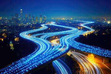 Nighttime Skyline, Long Exposure Highway Traffic, Blue and Gold Car Light Streaks