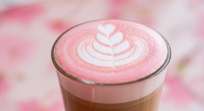 Pink velvet latte with leaf latte art in glass cup on soft pink background