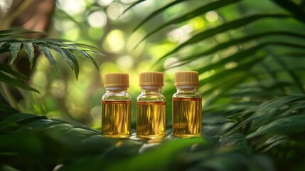 Three bottles of essential oil sitting on vibrant green tropical plant leaves. This image could be used for natural health or beauty product advertising.