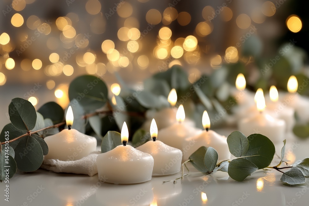 Poster candles burning softly with eucalyptus leaves and warm bokeh lights in a tranquil indoor setting dur