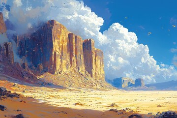 Majestic Desert Landscape with Towering Cliffs and Expansive Blue Sky Under Fluffy White Clouds