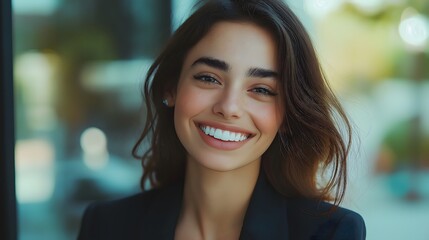 Obraz premium Young professional woman in a blazer smiles confidently while standing outdoors in a bright urban environment during a sunny day