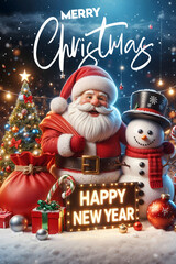 Christmas celebration poster in the snow with Santa, presents and cheerful snowmen under a sparkling winter sky.