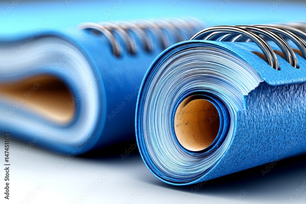 Poster detailed view of blue spiral notebooks stacked with visible binding in a study space reflecting orga