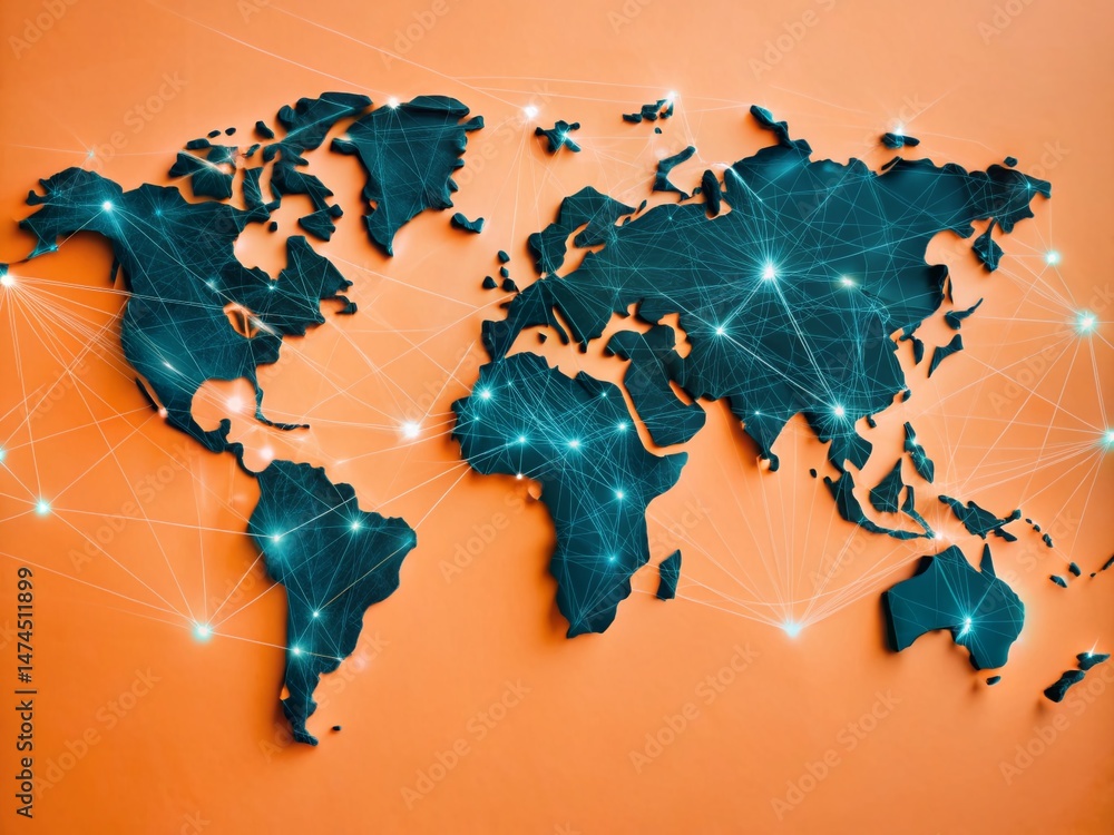 Poster global network: double exposure of world map and interconnected nodes