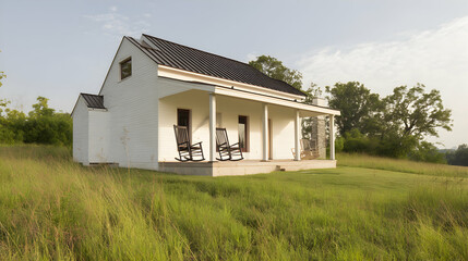 Obraz premium White rural retreat with rocking chairs offering quiet countryside living