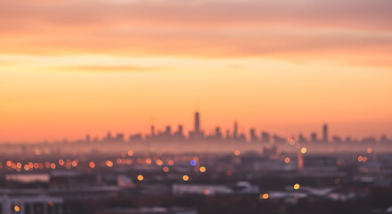 Naklejka premium Soft glowing hazy urban skyline silhouette with distant skyscrapers and blurred city lights, concept for travel, city life and metropolitan exploration