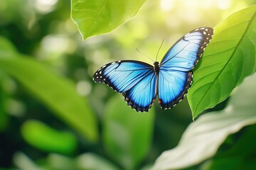 Blue morpho butterfly resting on lush green leaves in sunlit tropical garden