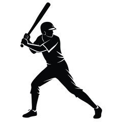Silhouette depicts baseball player poised with bat, getting ready to swing forcefully during game