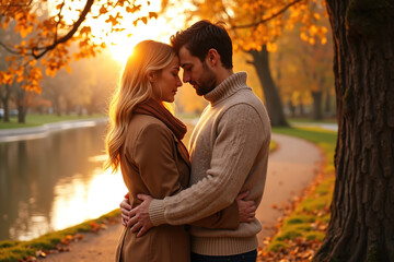 Fototapeta premium A man and woman stand embracing, foreheads touching, in a serene autumnal park with a pond and walking path, surrounded by vibrant orange foliage and a warm sunset glow.