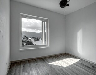 Bright Empty Room with Large Window Overlooking Scenic Landscape