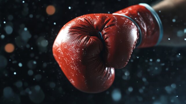 Boxing action close-up of a red glove hitting in a dramatic sports environment