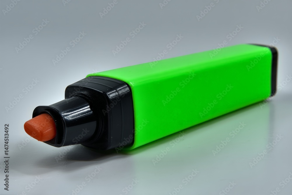Poster bright green highlighter pen lying on a flat surface with orange tip ready for use in study or offic
