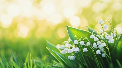 Macro shot of beautiful Lily of the Valley Flowers. Front view. Blurred minimalistic background with green grass. Place for text. 