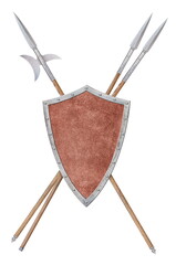 shield with halberd and two spears isolated on white
