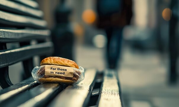 A burger on a bench, wrapped with a message for those in need, showing a charitable act.